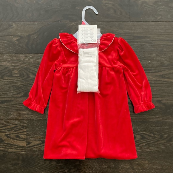 Girls Red Velour Long Sleeve Dress & White Tights Set 18 months - Picture 2 of 7